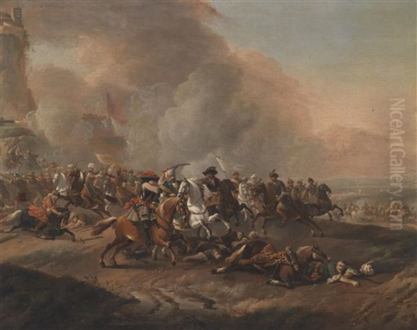 Ein Reitergefecht Vor Einer Festung Oil Painting by Jan van Huchtenburg