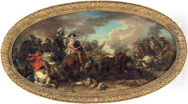 Reitergefecht Im Turkenkrieg (+ Berittene Generale Im Feld; 2 Works) Oil Painting by Jan van Huchtenburg