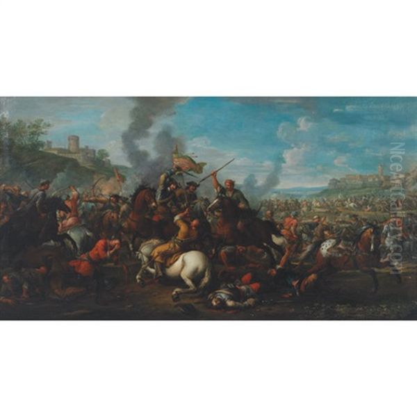 Cavalry Skirmish In An Extensive Landscape (prince Eugene De Savoy's Cavalry Battling The Turks?) Oil Painting by Jan van Huchtenburg