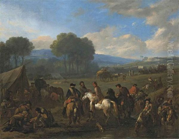 Soldiers And Horsemen Resting In A Military Encampment, In A Wooded Valley Oil Painting by Jan van Huchtenburg