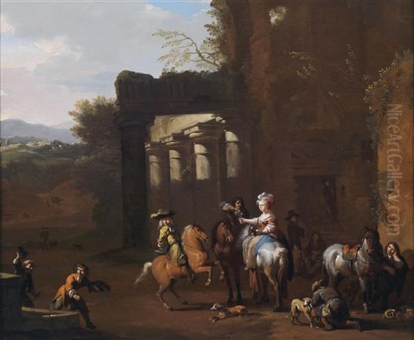 Eine Elegante Jagdgesellschaft Bei Der Rast In Der Romischen Campagna Oil Painting by Jan van Huchtenburg