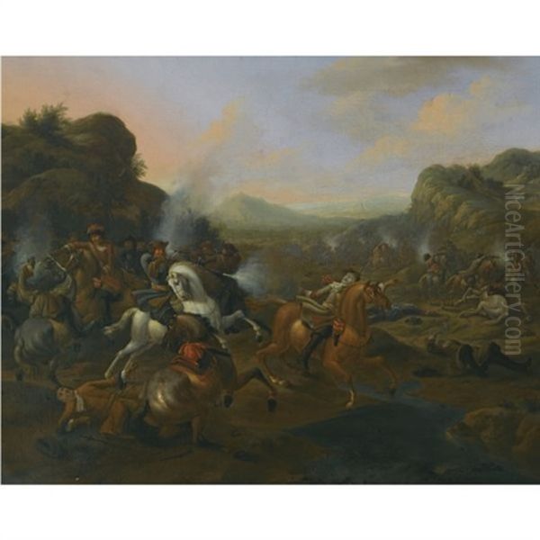 A Cavalry Battle Scene Oil Painting by Jan van Huchtenburg