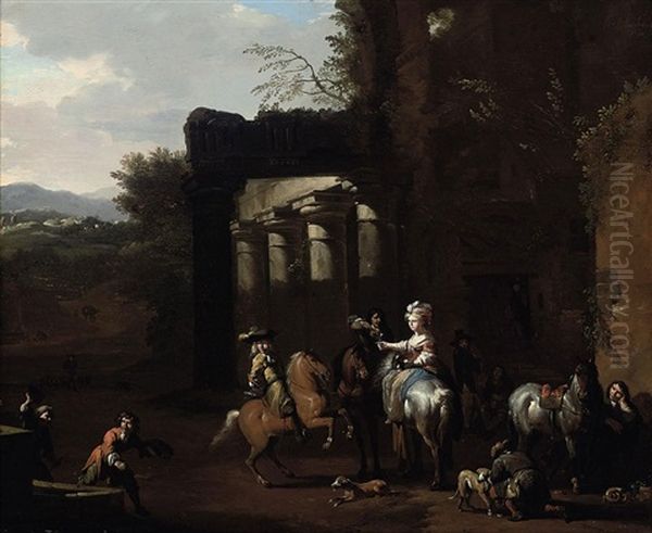 A Hunting Party At Rest Beside Classical Ruins Oil Painting by Jan van Huchtenburg