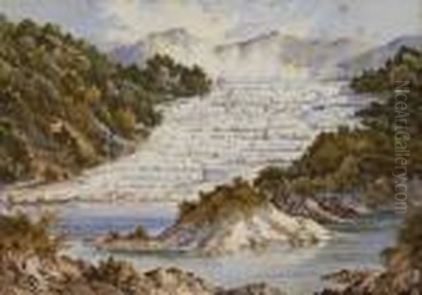 White Terraces With Bathers And Waka Oil Painting by Charles Decimus Barraud