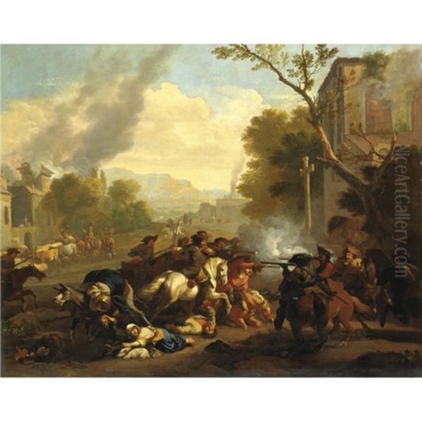 Scena Di Battaglia In Un Villaggio Oil Painting by Jan van Huchtenburg