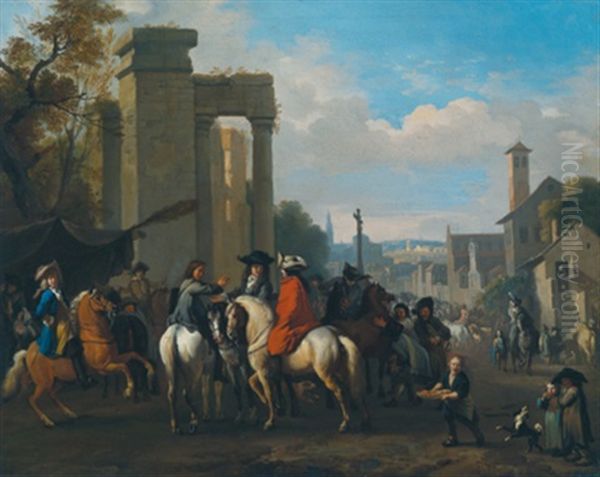 Rastende Reiter In Einer Italienischen Stadt Oil Painting by Jan van Huchtenburg