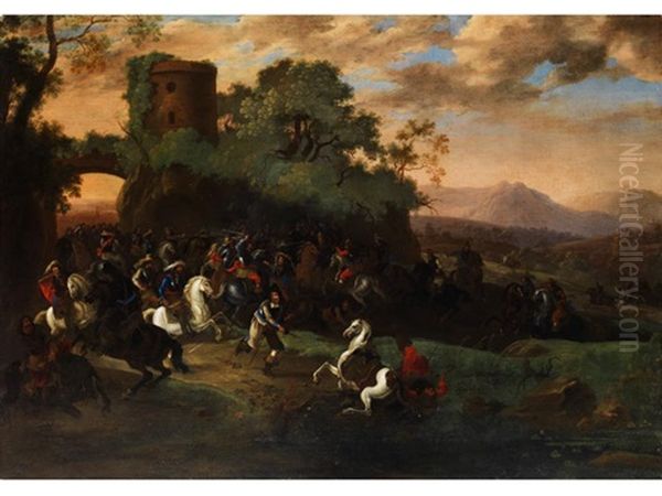 Reitergefecht In Landschaft Mit Vom Pferd Gesturztem Hauptmann Oil Painting by Jan van Huchtenburg