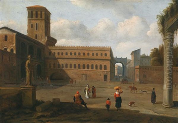 Blick Auf Den Platz Einer Italienischen Stadt Mit Einem Renaissance Palazzo Und Figuren Oil Painting by Jan van Huchtenburg