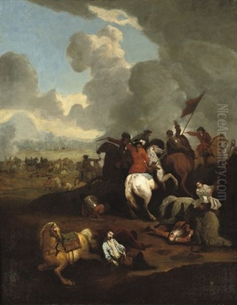 A Cavalry Skirmish In An Extensive Hilly Landscape Oil Painting by Jan van Huchtenburg