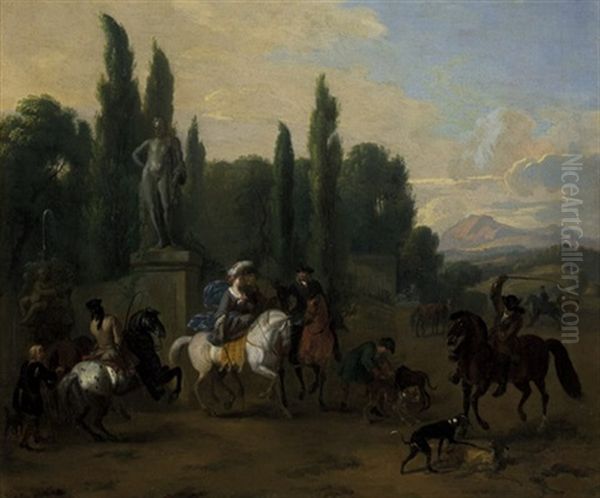 Italienische Landschaft Mit Jagdgesellschaft Oil Painting by Jan van Huchtenburg