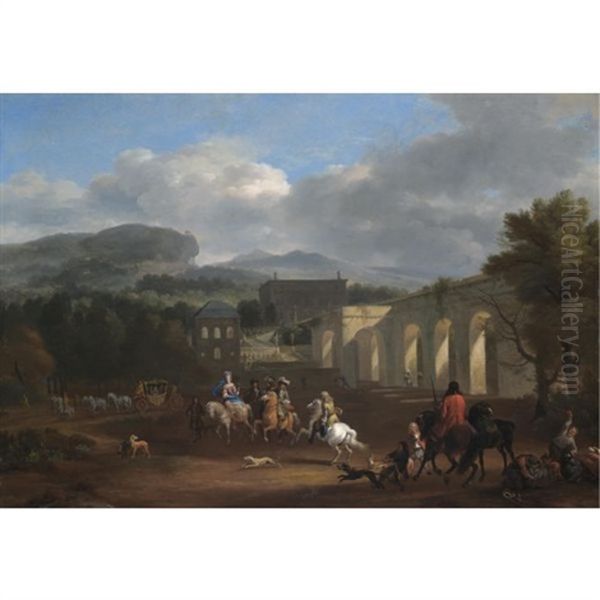 A Landscape With A Hunting Party In The Foreground Oil Painting by Jan van Huchtenburg