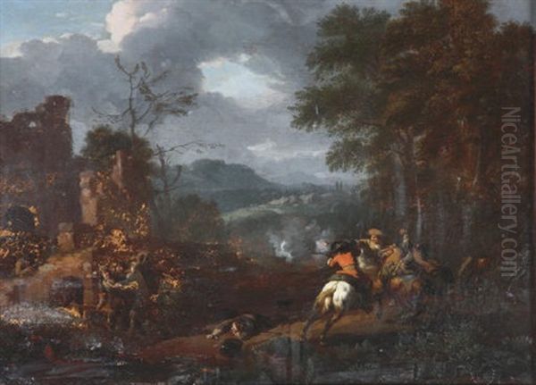 A Cavalry Skirmish In An Extensive Hilly Landscape Oil Painting by Jan van Huchtenburg