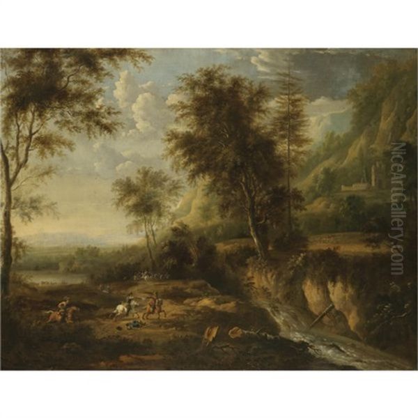 A Military Skirmish In An Expansive Wooded River Landscape Oil Painting by Jan van Huchtenburg