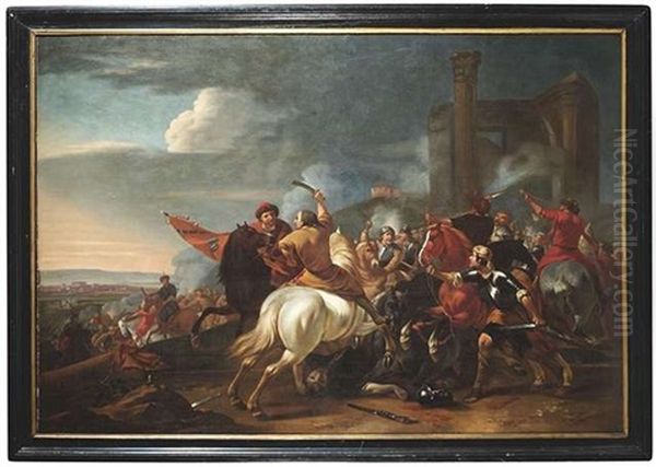 Reitergefecht Vor Ruinen Eines Klassischen Gebaudes Oil Painting by Jan van Huchtenburg