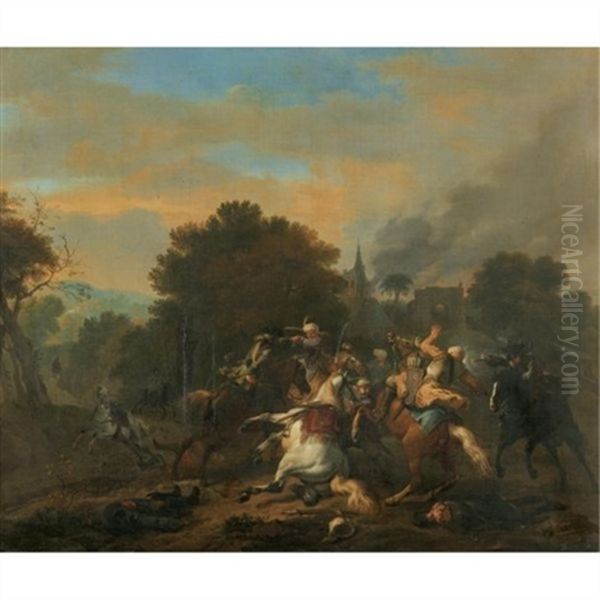 A Cavalry Skirmish Between Turks And Christians In A Wooded Landscape Oil Painting by Jan van Huchtenburg