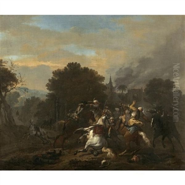 A Cavalry Skirmish Between Turks And Christians In A Wooded Landscape Oil Painting by Jan van Huchtenburg