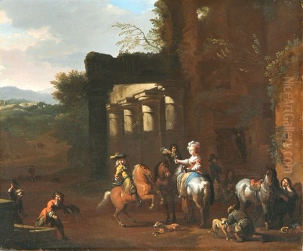 Rastende Gesellschaft Zu Pferd Oil Painting by Jan van Huchtenburg