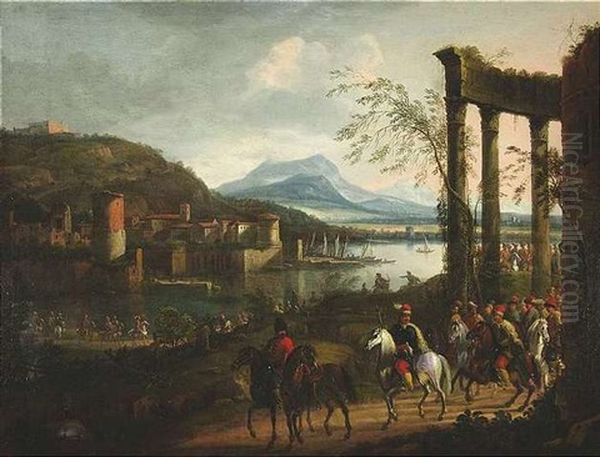 Berittene Husaren Vor Einer Mediterranen Hafenstadt Oil Painting by Jan van Huchtenburg