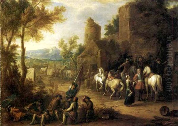 Sosta Di Cavalieri E Soldati Presso Un Casolare Oil Painting by Jan van Huchtenburg