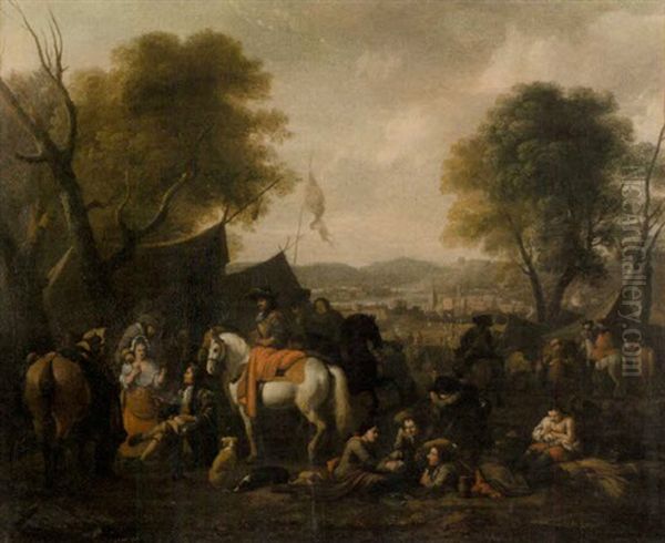 Soldiers And Horsemen Resting In A Military Encampment Oil Painting by Jan van Huchtenburg