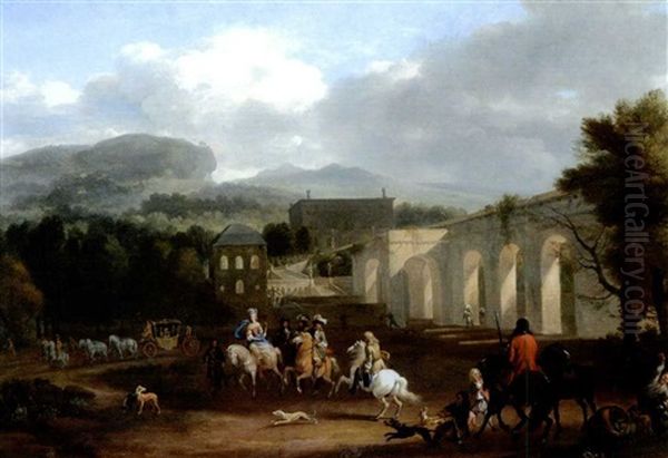 Vor Der Jagd - Vornehme Gesellschaft Mit Pferden Und Hunden, Im Hintergrund Eine Italienische Villa Oil Painting by Jan van Huchtenburg