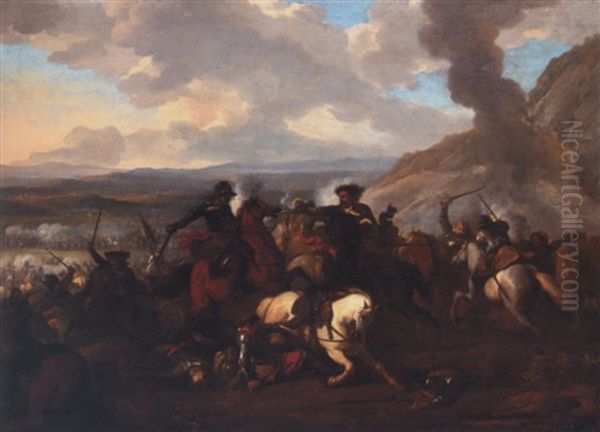 A Cavalry Engagement In A Landscape Oil Painting by Jan van Huchtenburg