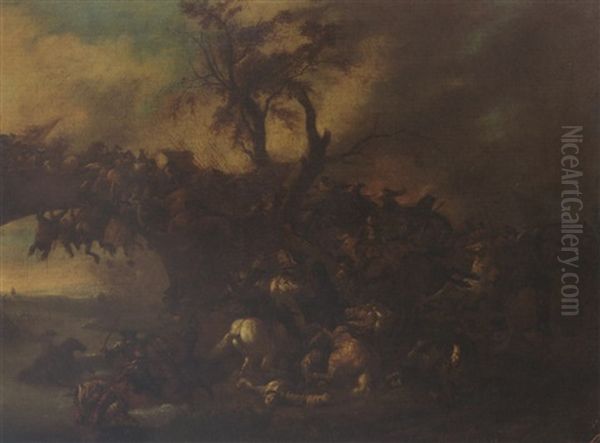 A Cavalry Battle Scene Near A Bridge Oil Painting by Jan van Huchtenburg