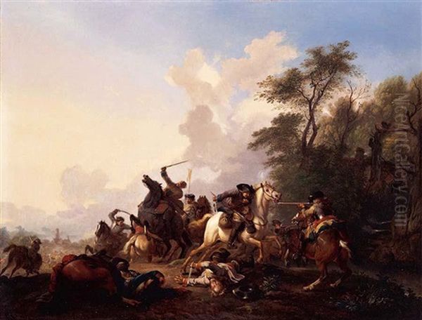 A Cavalry Skirmish In A Wooded Landscape Oil Painting by Jan van Huchtenburg