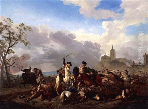 A Battle Scene With Cavalry Skirmishing Before A Walled Town Oil Painting by Jan van Huchtenburg