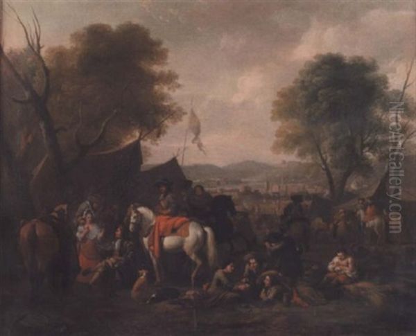 Soldiers And Horsemen Resting In A Military Encampment Oil Painting by Jan van Huchtenburg