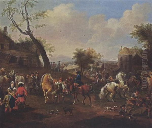 Horsemen Together With Other Horses And Soldiers In A Village, Children Playing In The Foreground Oil Painting by Jan van Huchtenburg