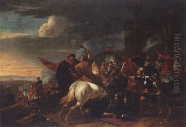 A Calvary Skirmish Before Ruins Oil Painting by Jan van Huchtenburg