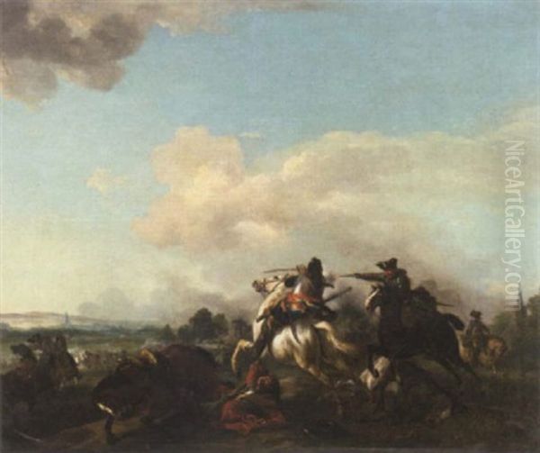 A Cavalry Battle On The Outskirts Of A Village Oil Painting by Jan van Huchtenburg