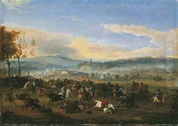 A Cavalry Battle With A Fortress Under Siege Beyond Oil Painting by Jan van Huchtenburg