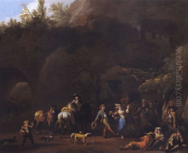 Frohliche, Musizierende Und Tanzende Gesellschaft In Einer Felsigen Waldlandschaft Oil Painting by Jan van Huchtenburg