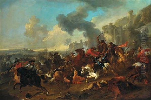 A Cavalry Engagement Before A Fortified Town Oil Painting by Jan van Huchtenburg