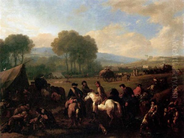 A Military Encampment In An Open Landscape With Cavaliers Conversing By A Pool Oil Painting by Jan van Huchtenburg