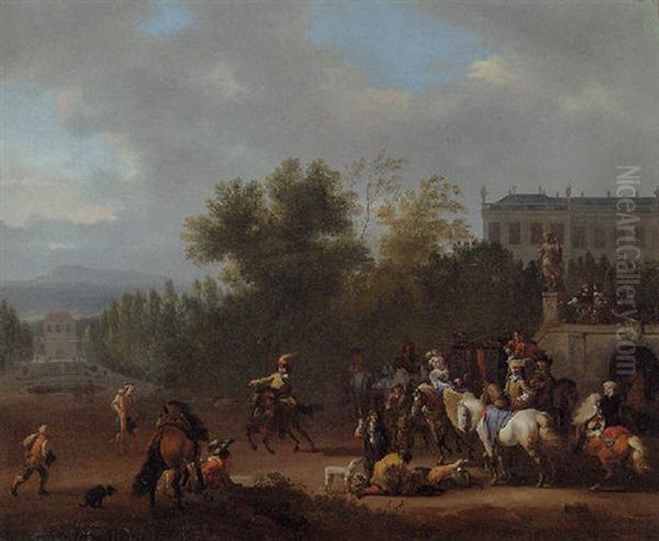 Elegant Travellers About To Set Out From A Mansion, A Riding School Nearby Oil Painting by Jan van Huchtenburg