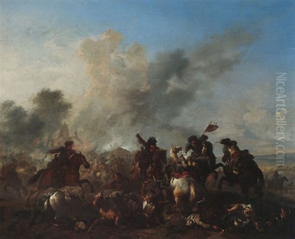 A Cavalry Engagement Before A Burning Church Oil Painting by Jan van Huchtenburg