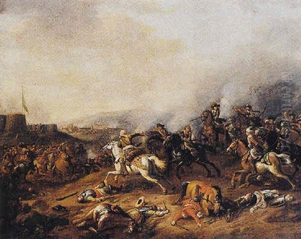 A Cavalry Battle Between Turks And Christians, (the Battle At Vienna Of 1683?) Oil Painting by Jan van Huchtenburg