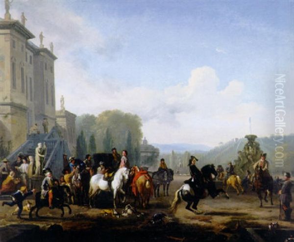 A Hunting Party By A Fountain Outside A Mansion Oil Painting by Jan van Huchtenburg