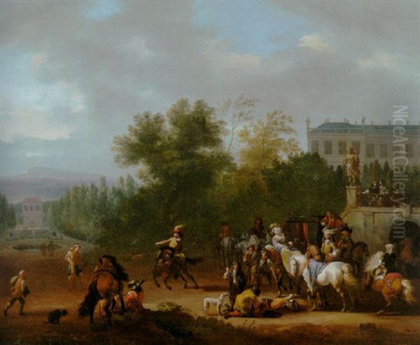 Elegant Travellers About To Set Out From A Mansion, A Riding School Nearby Oil Painting by Jan van Huchtenburg