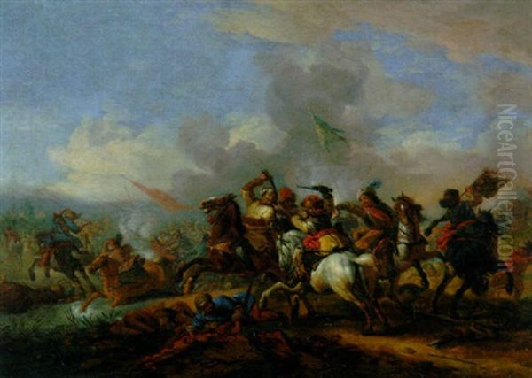 A Cavalry Battle Between Christians And Turks Oil Painting by Jan van Huchtenburg