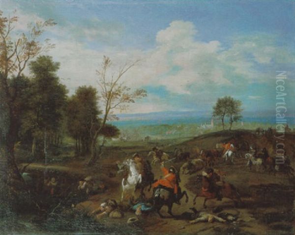 Uberfall In Einer Bewaldeten Landschaft Oil Painting by Jan van Huchtenburg