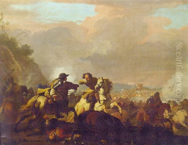 A Cavalry Engagement Oil Painting by Jan van Huchtenburg