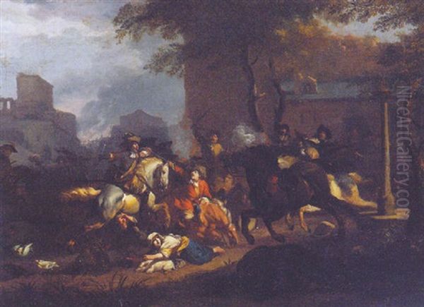 A Cavalry Skirmish Before A Town Oil Painting by Jan van Huchtenburg