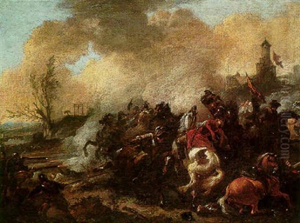 A Cavalry Skirmish Before The Walls Of A Fortified Town Oil Painting by Jan van Huchtenburg