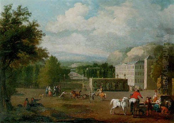 A View Of A Country Mansion With A Riding School, A Traveller At A Fountain In The Foreground Oil Painting by Jan van Huchtenburg