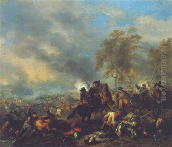 A Cavalry Engagement Near A Town Oil Painting by Jan van Huchtenburg