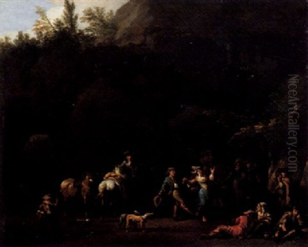 A Cavernous Landscape With Horsemen And Peasants Resting, A Boy Blowing A Horn And A Couple Dancing Oil Painting by Jan van Huchtenburg